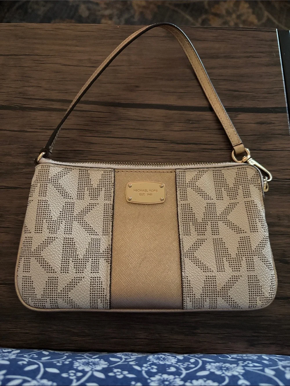 Michael Kors Jet Set Beige and Gold MK Logo Wristlet